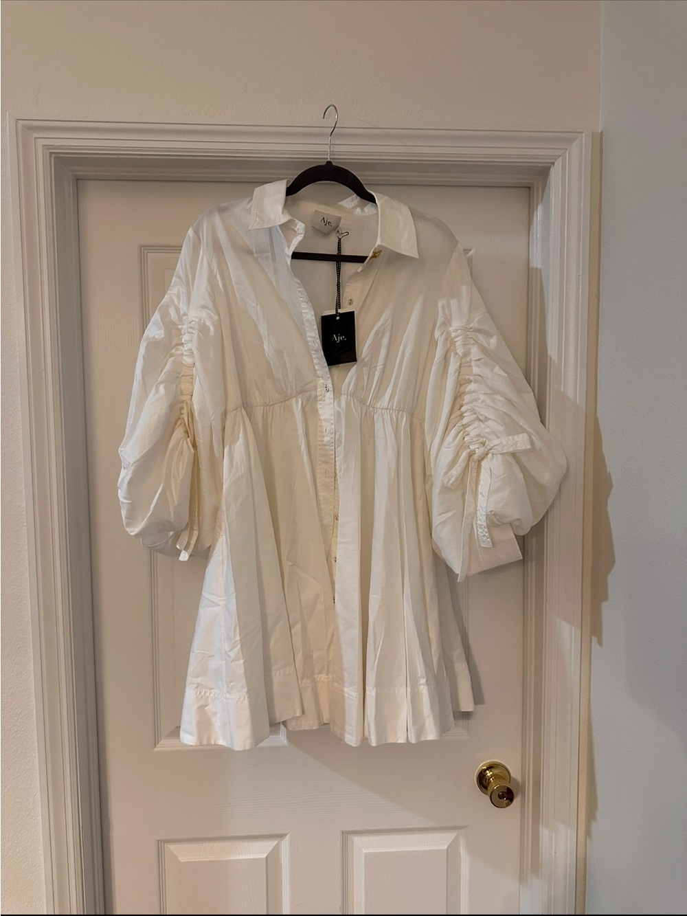 Aje Cream Gathered Puff-Sleeve Button Front Blouse